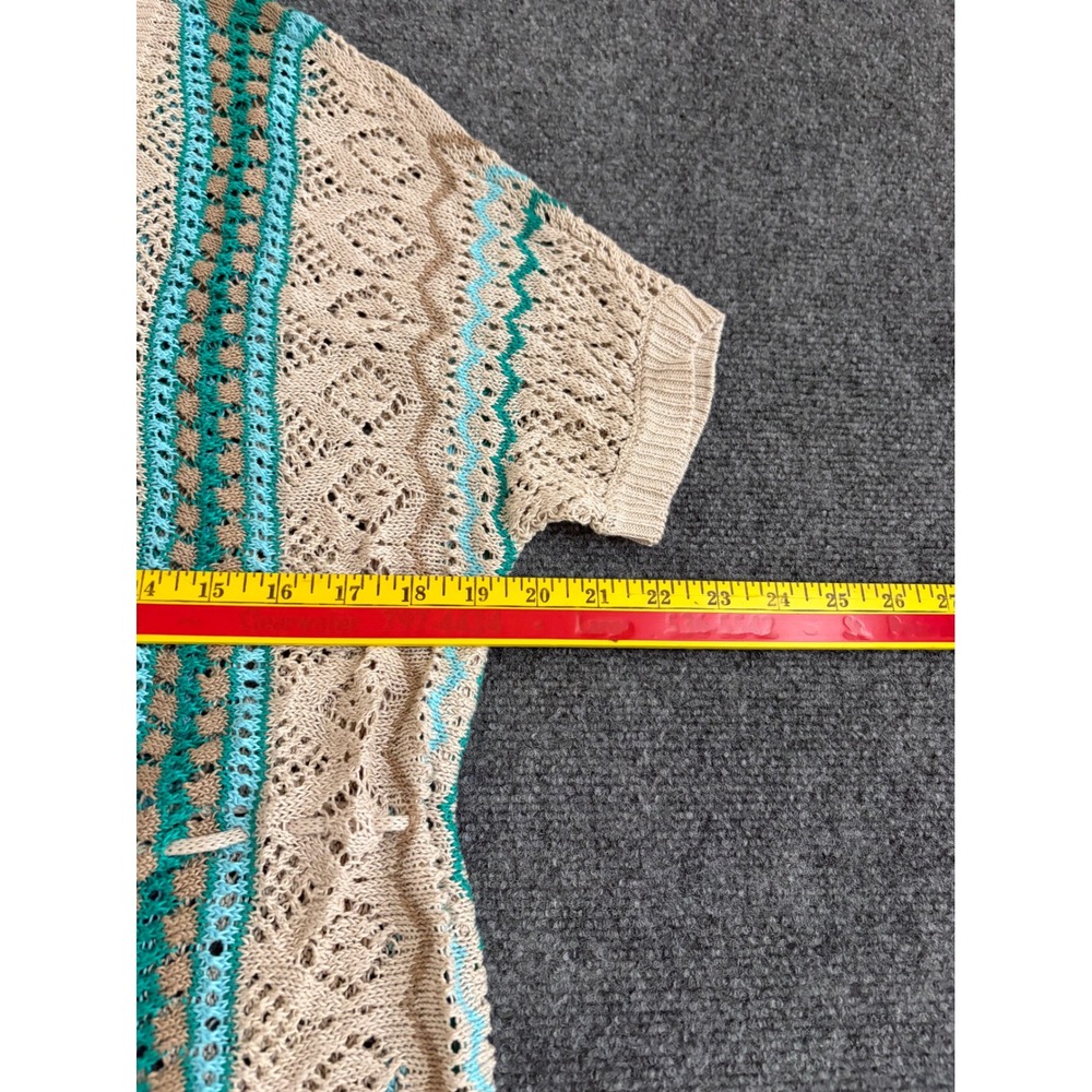 Chicos Linen Open Knit Cardigan Tan Teal Fringe Short Sleeve Size 0 Petite - Picture 4 of 8